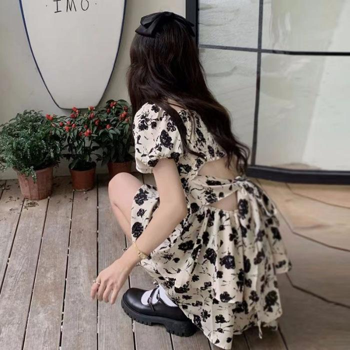 Design sense bow halter princess dress women s summer new waist thin floral short-sleeved dress S