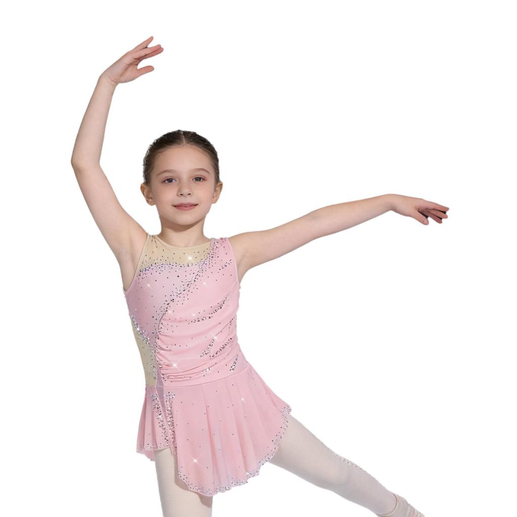 Kinder Gymnastik Schlittschuhlaufen Trikot Kleid Ärmellos Patchwork Strasssteine Raffung Netz Seiten Schlitz und Eingearbeitete Unterwäsche für Aufführung