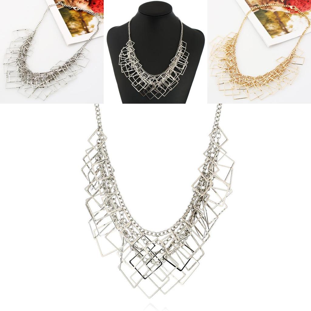 Square Multi Layer Modern Geometric Necklace With Metal Chain For Art Deco Look