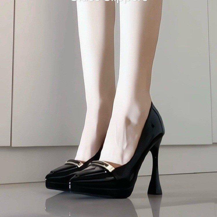 French stunning naked pink metal buckle pointed thick heel high heels women s giant good-looking commuter shoes 40