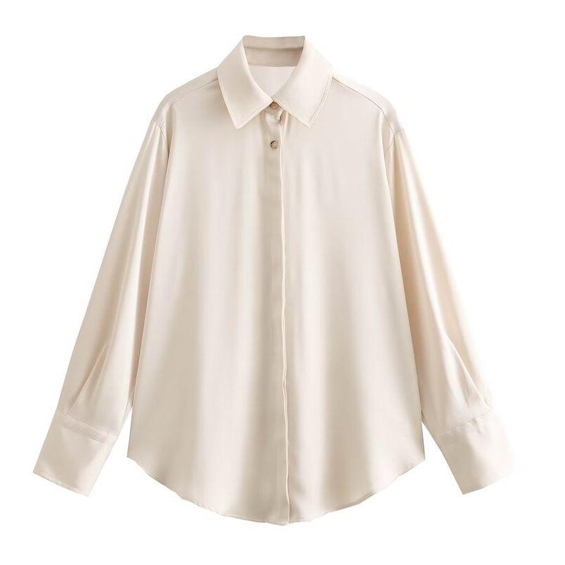 Fashion Style Autumn New Women's Clothing Temperament Wild Silk Satin Texture Long Sleeves Lapel Shirt 8767897 712