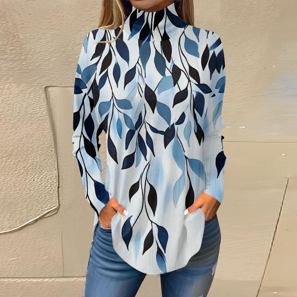 Tee Shirts For Women Fall Casual Long Sleeve Shirts Sweatshirt Vintage Printed High Neck Top Pullover