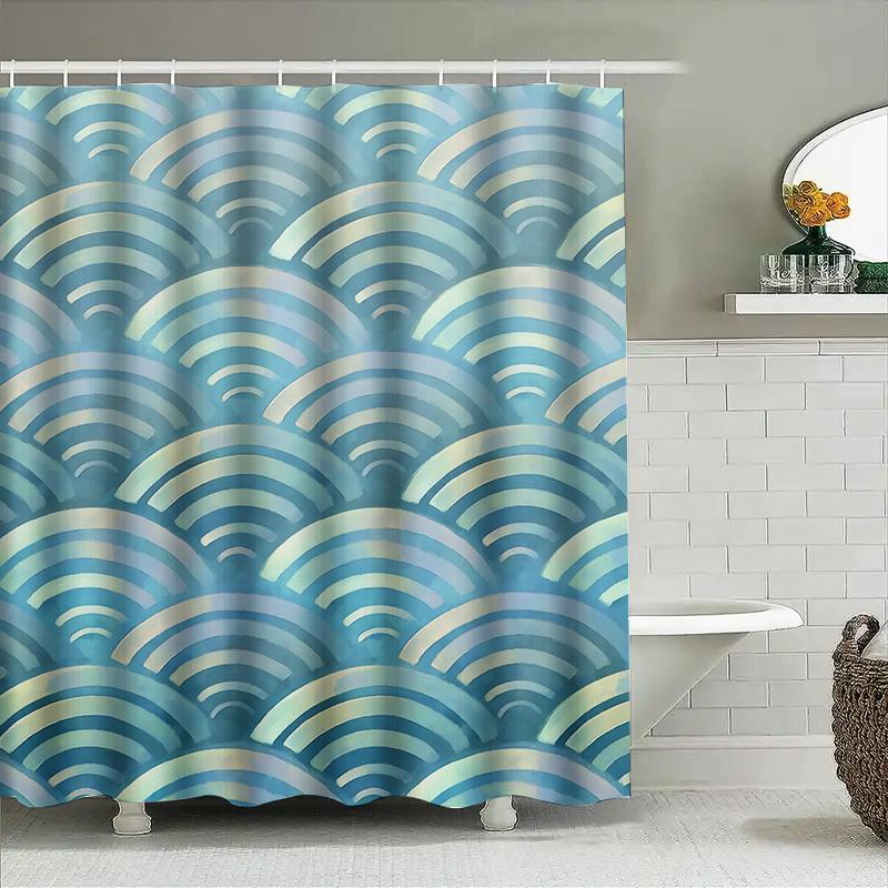 Modern Home Decor Shower Curtain Wavy Waves Pattern In Soft Blue Green Colors For Bathrooms Printed Waterproof Fabric Easy Insta