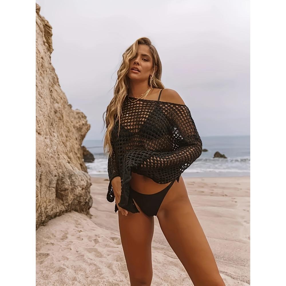 

Сплошное белое вязаное накидка с вырезом и длинным рукавом, связанное крючком с боковым разрезом. Модное накидка в стиле отпуска без бикини, женские купальники и одежда. One-size чёрный