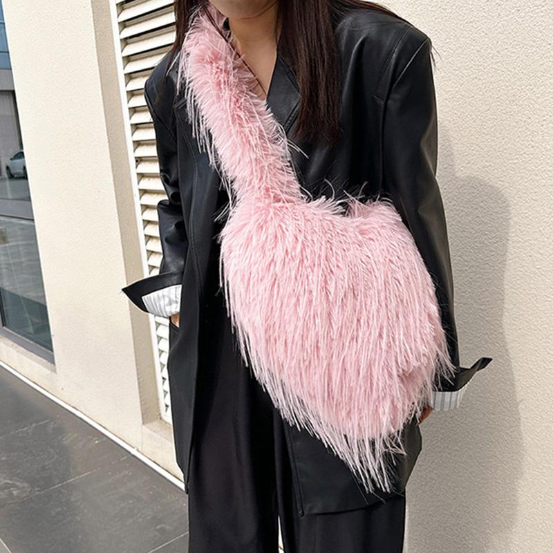 Yogodlns Long Plush Women's Large Shoulder Bag Luxury Faux Fur Female Love Shape Bags Y2k Punk Girls Fluffy Tote Handbags Crossbody Bag