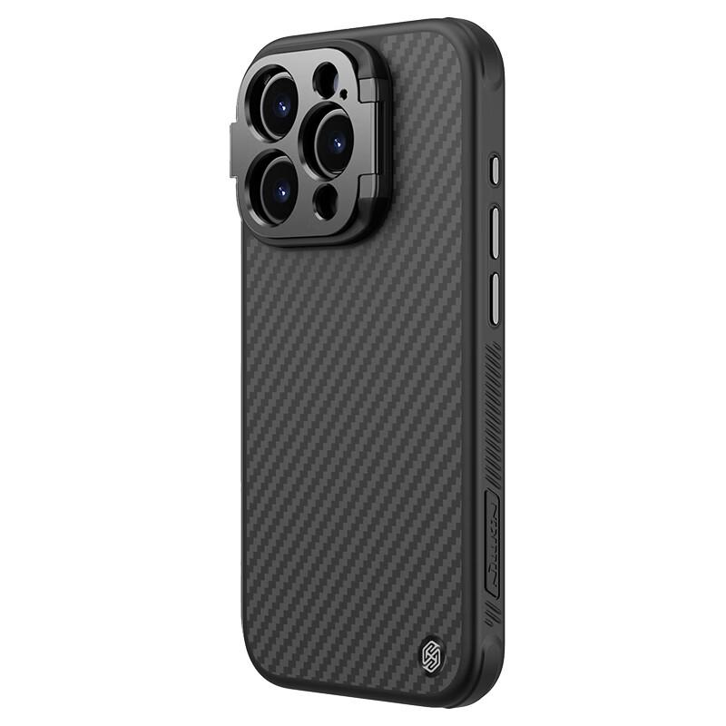 Kevlar Magnetic Case for IPhone 15 Pro, Carbon Fiber Full Lens Protection Anti-Drop Cover with Stand, Simple Lightweight Protective Case, Fiber Black