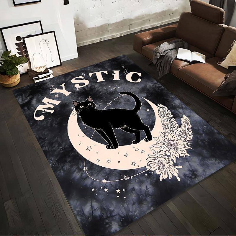 

Mystic Black Cat on Moon Carpet with Feather and Floral Design Suitable for use as an anti-slip for living room bedroom sofas 40x60cm( 15x23in )