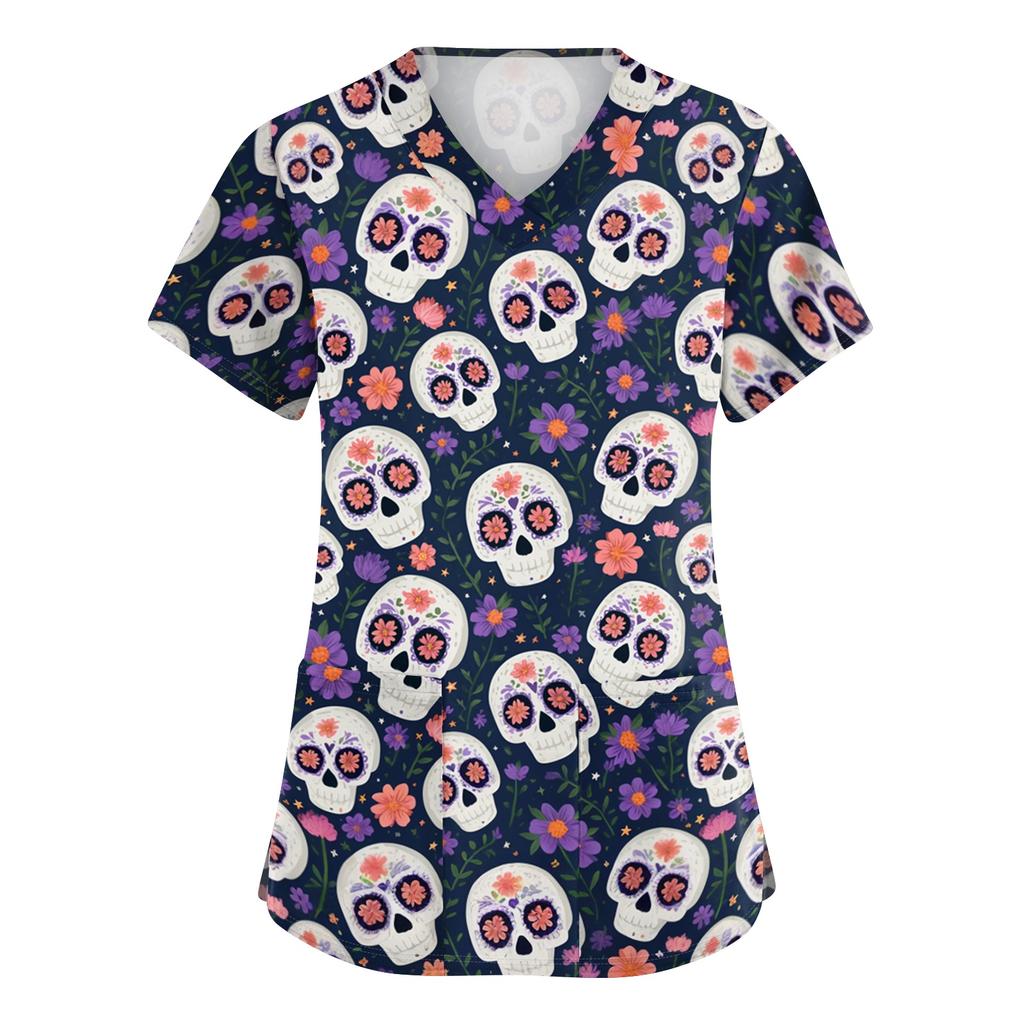 Women's V-Neck Short Sleeve Work Top with Pockets Print Caregiver Uniform Shirt