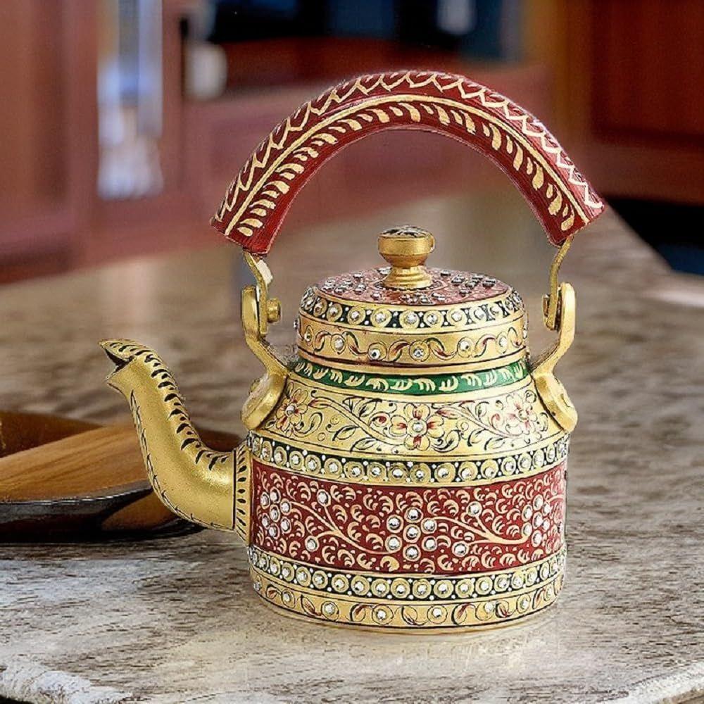 Traditional Handpainted Aluminum Kettle Tea Pot for Serving (Blue and White)