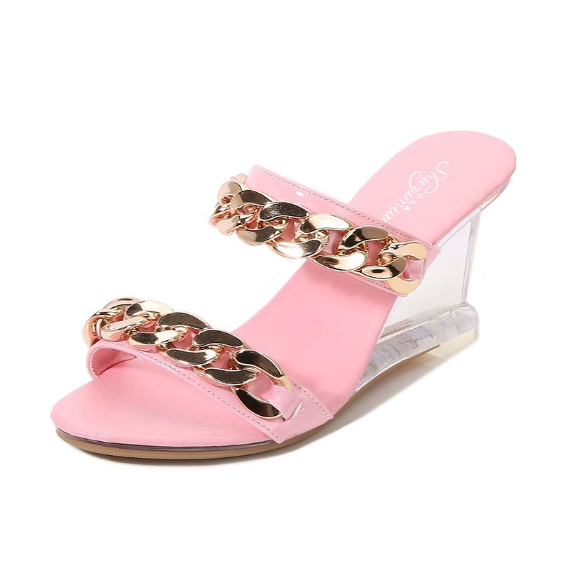 1098 Series Cm Heel Cm Platform Wedge Heel Slippers Shallow Women's Chain Simple Transparent Crystal Shoes LFD