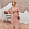 Summer Lace Off The Shoulder Women Dress Casual Slash Neck Solid High Waist Mid-calf Black Pink Yellow S M L  XL