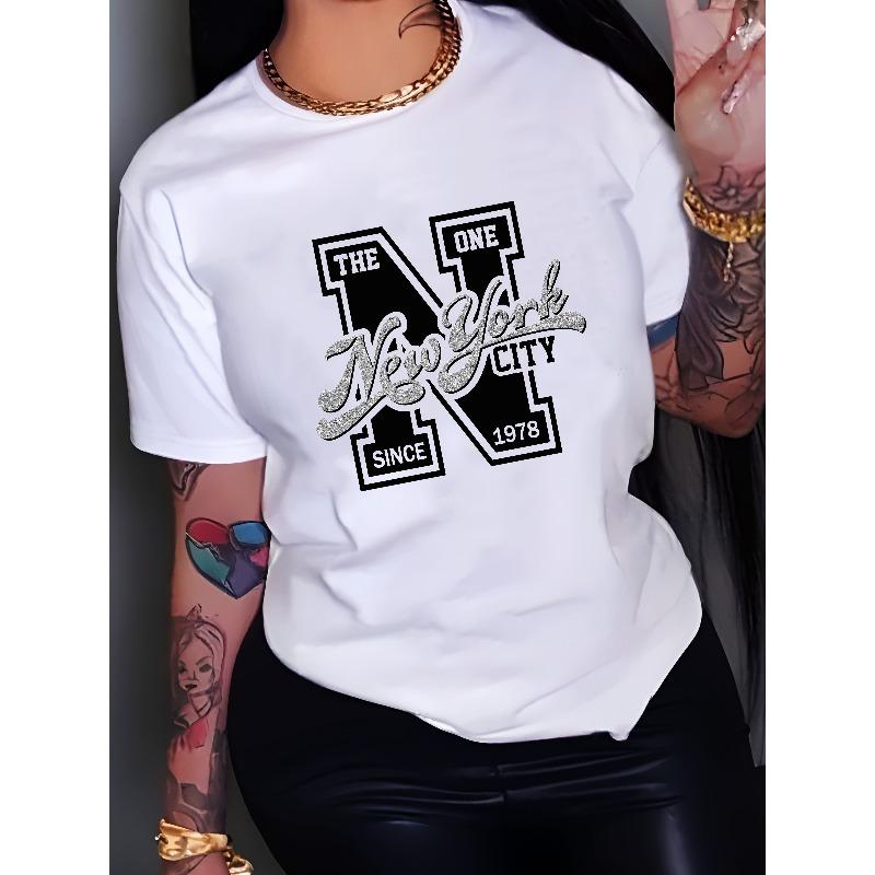

Women New York Print T-Shirt Crew Neck Short Sleeve Spring Summer Casual Top 4XL білий