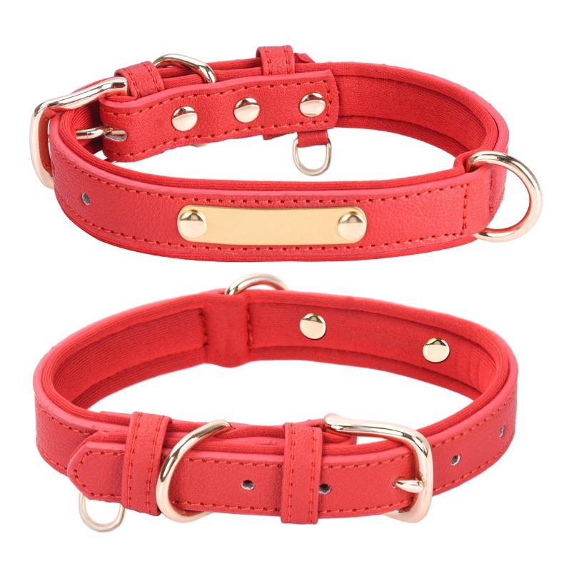 Pet Collar Vintage PU Leather and Breathable Space Cotton Double D-Ring Engravable Nameplate Dog Leather Collar