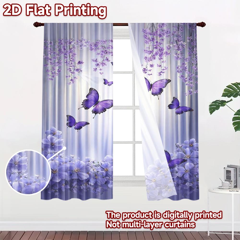 2D Flat Printing 2pcs Curtain Party Curtains Spring Purple Butterflies Digital Printed Polyester Drapes Seasonal Party & Holiday
