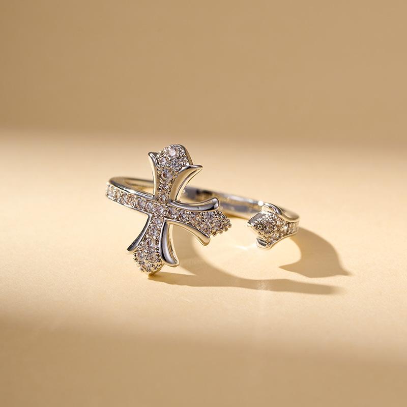 Light Luxury Cross Shaped Micro Inlaid Zirconia Open Ring, Fashionable and Trendy Adjustable Design Ring, New Index Finger Ring