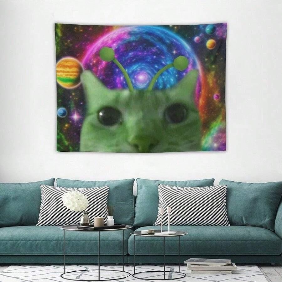 Alien Cat Funny Tapestry Psychedelic Starry Sky Universe Background Cloth Bedroom Dormitory Home Decoration 100X70CM