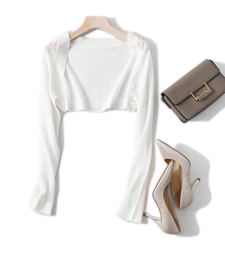 

Women s Ultra-Short Knitted Cardigan - Lightweight, Long-Sleeve Shrug for Summer. Ideal with Camisole Dresses. One Size белый