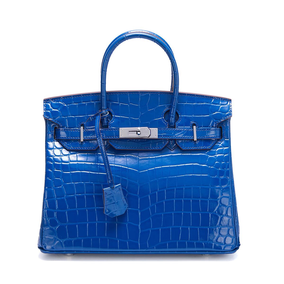 Neue Mode-Lederhandtasche glänzendes Lackleder Alligator-Muster, silberne Schnalle Schulter-Umhängetasche 30cm blue