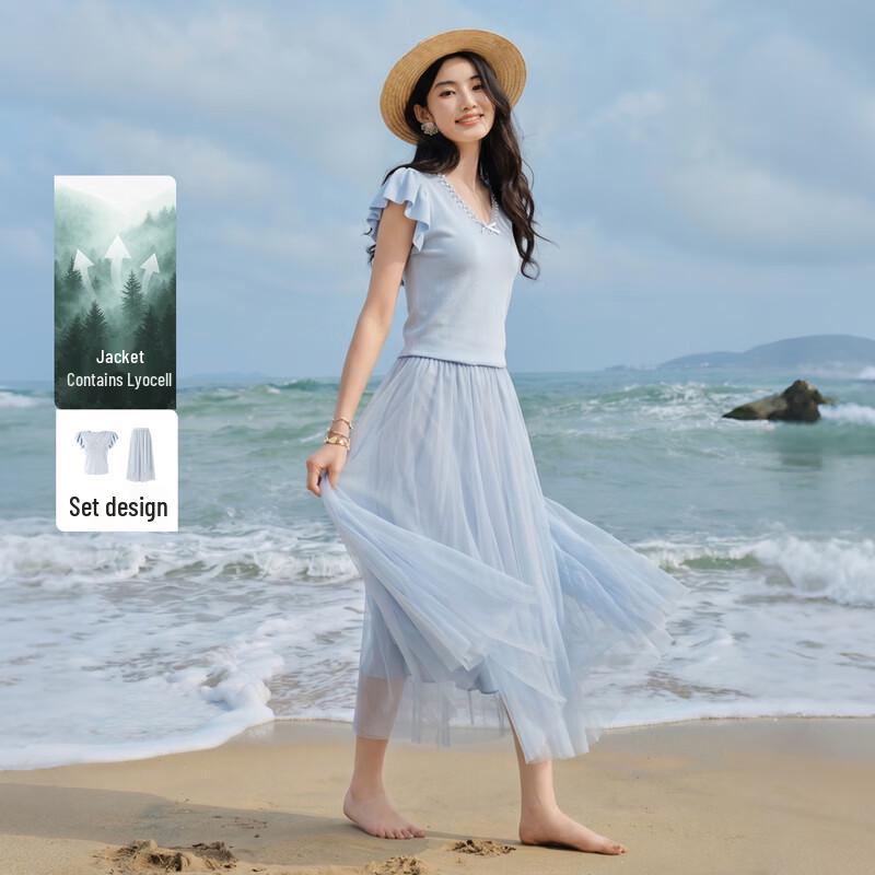 Women s Flutter Sleeve V-Neck Mesh Two-Piece Set L