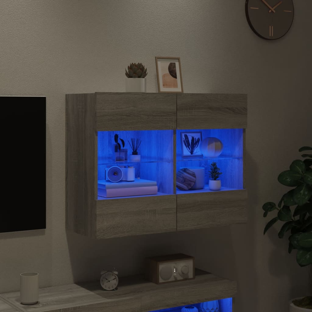 Wall Mounted TV Cabinet with LED Lights Grey Sonoma 78.5 X 30 X 60.5 Cm