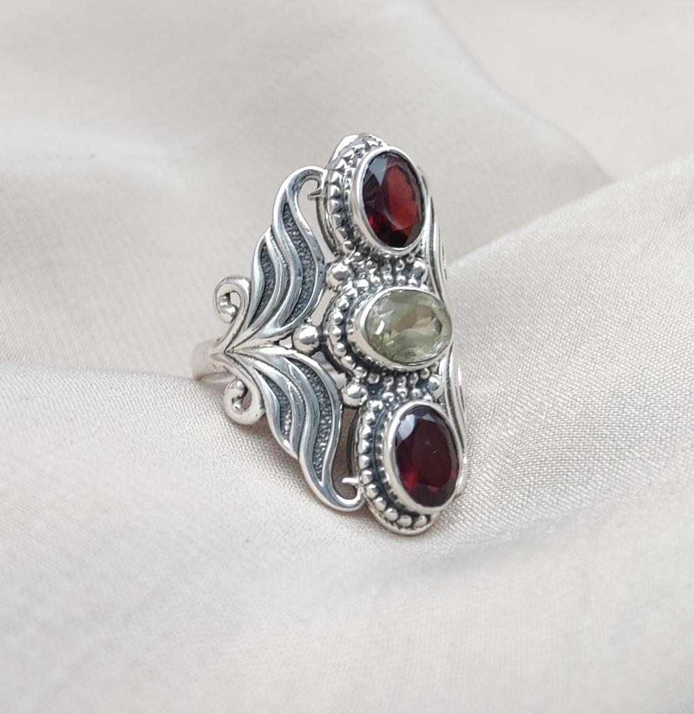 Garnet & Lemon Quartz 925 Sterling Silver Ring: Vintage Boho Statement Jewelry