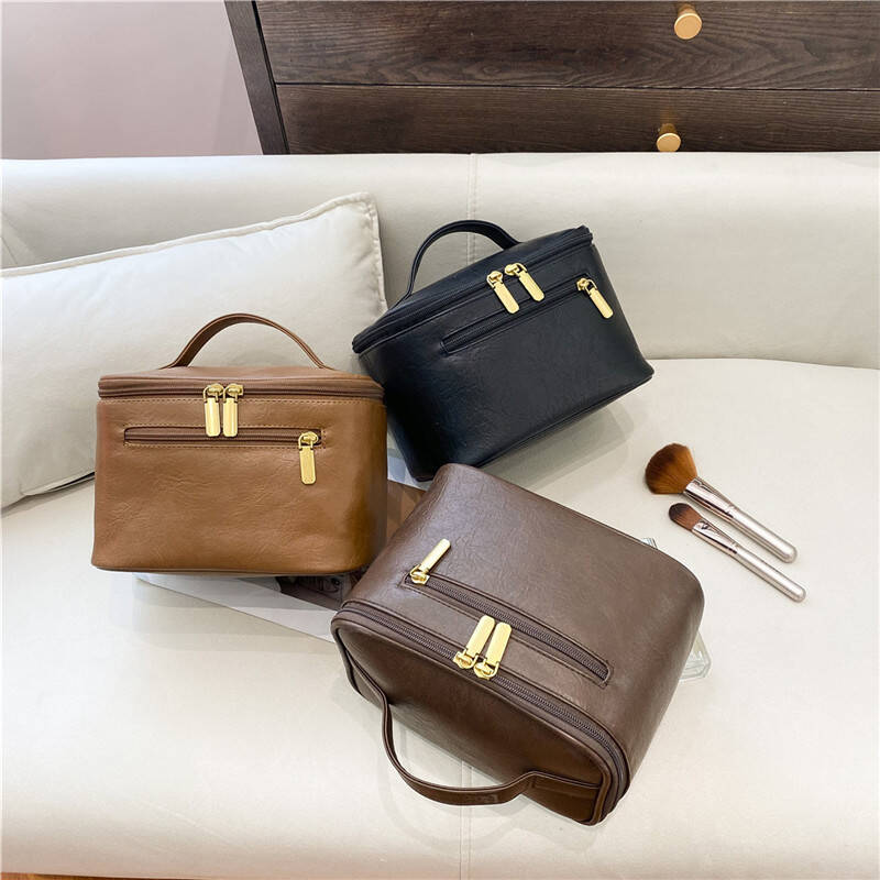 New Leather Portable Makeup Case Zipper Pulls Extra Pocket Handle Multiple Compartments Travel Skincare Toiletries Storage Bag
