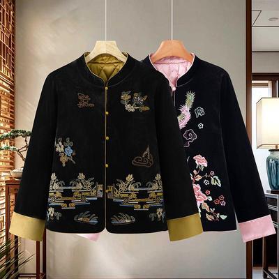 2025 Autumn/Winter Chinese Style Heavy Embroidery Color Block Retro Silk Velvet Padded Jacket