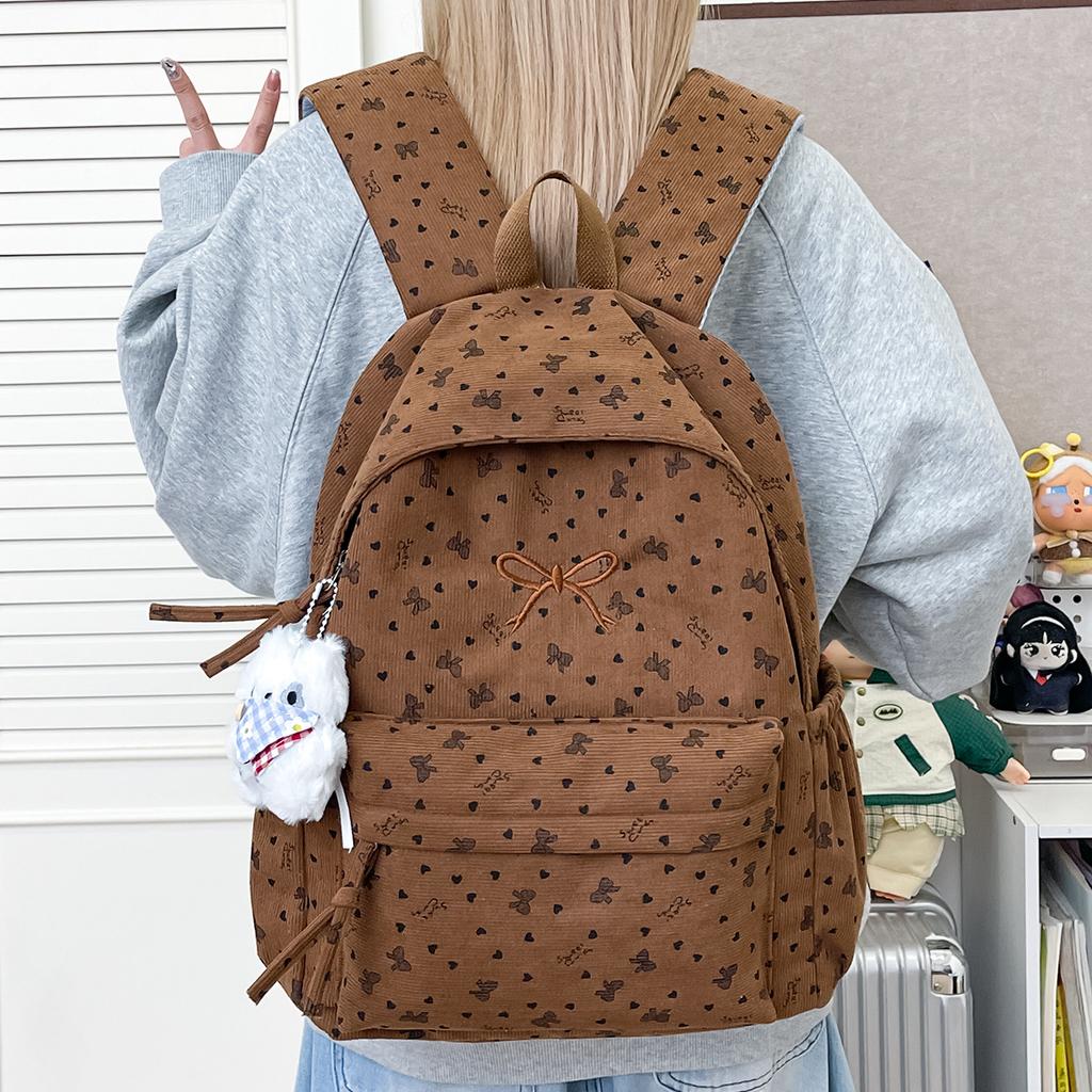 Schoolbag Korean Version Ins Versatile Sweet Backpack Large Capacity Corduroy Bow Campus Student Lightweight School Bag Women