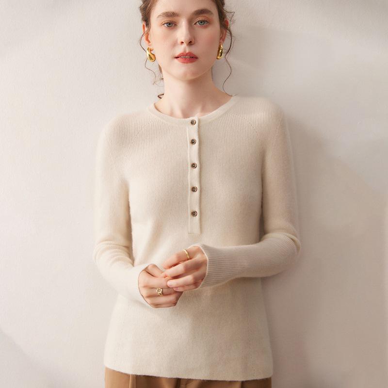 New Cashmere Wool Round Neck Single-Breasted Sweater - Versatile Loose Fit for Autumn/Winter