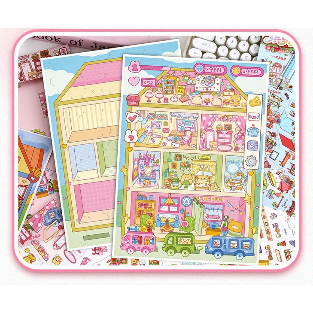 Little Bear Colorful House Series Miniature Landscape Sticker DIY Large Size Cabin Scene Sticker Stress Relief Cartoon