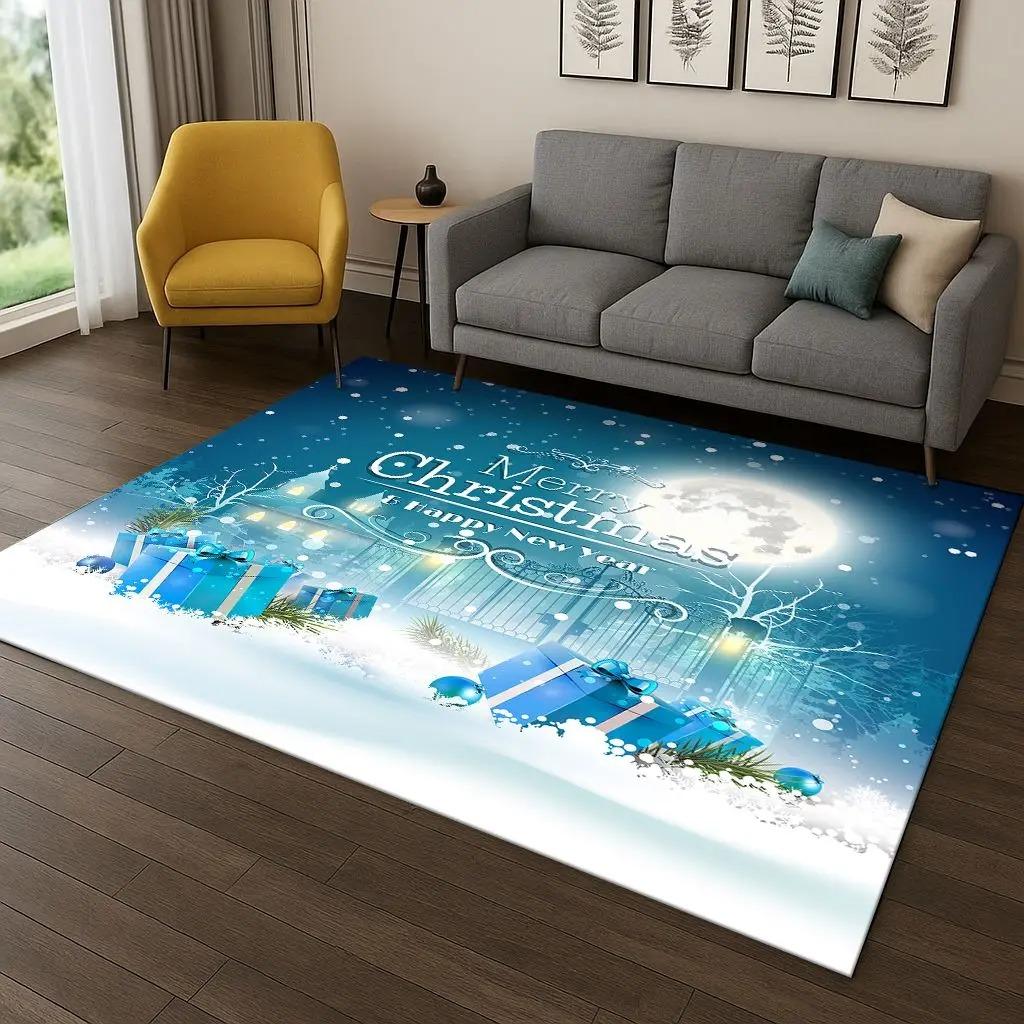 Merry Christmas Theme Carpets Reindeer Santa Claus Pattern Anti-slip Floor Mat for Living Room Festival Home Decor Polyester Rug