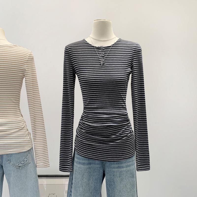 Haut de base à rayures à manches longues de longueur moyenne pour femme - Style coréen Hiver 2026