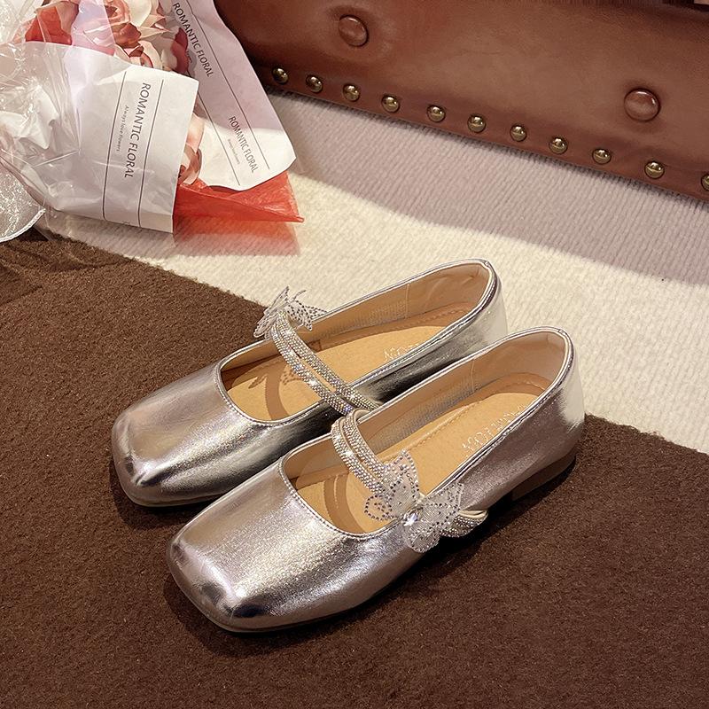 Silver Flat Bottom Square Head Mary Jane Single Shoes Women's Summer New Rhinestone Bow with Skirt Small Leather Shoes
