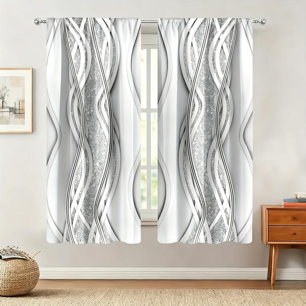 2Pc, 2D Flat-Print Non-Multi-Layer Curtains with Crystal Diamond Geometric Patterns, Colorful Pearl String Stripes, Pocket Rod Installation