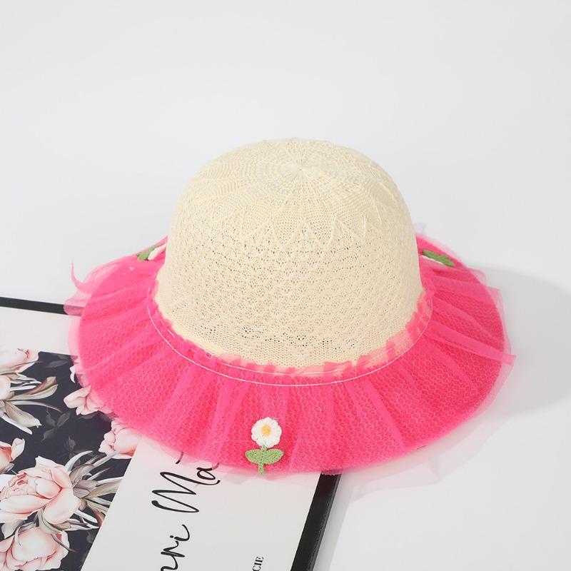 Fashion children's breathable small straw hat baby colorful cute flower yarn edge hat sunscreen summer cool hat