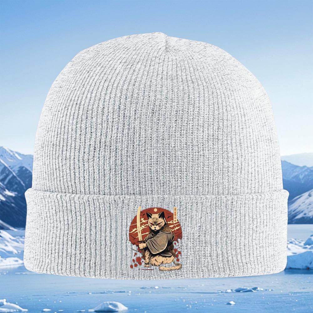 Samurai cat holding a sword against red Men Women Unisex Knitted Hat Beanie Pullover Cap Winter Thermal Warm Christmas Outdoor C