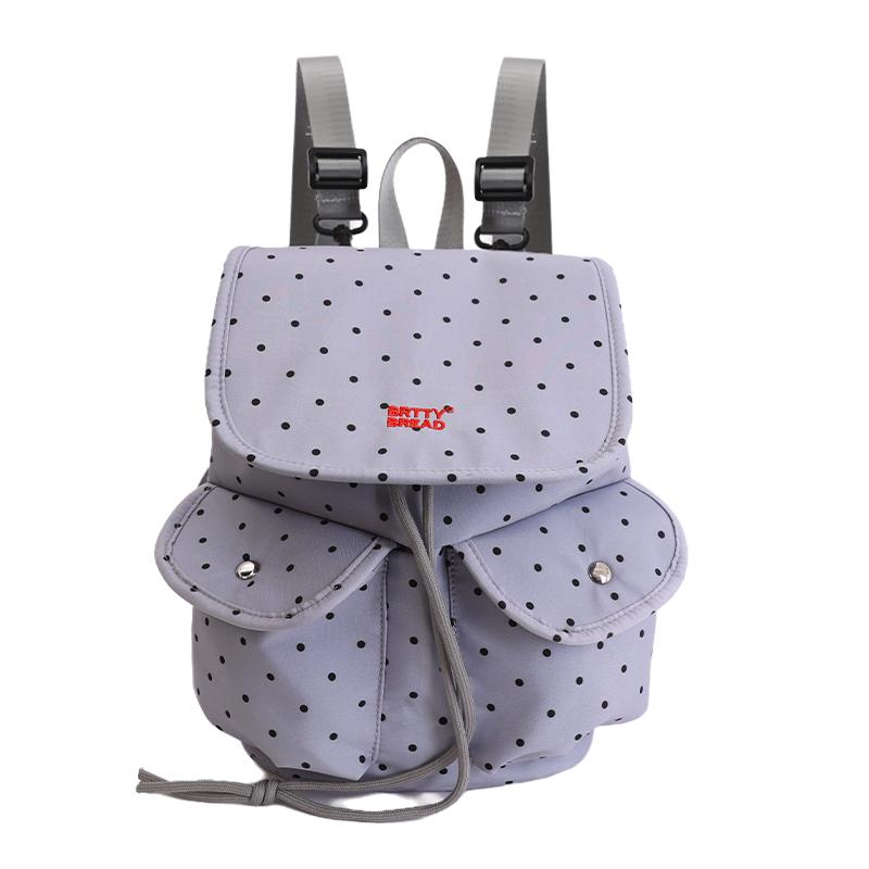 Рюкзак в горошек для женщин и студентов с завязками-шнурками и передними карманами серый