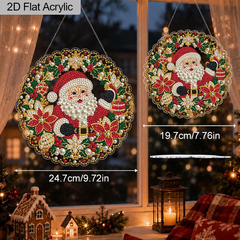 Christmas Acrylic Santa Wreath Pearl Painting Suncatcher,9.72/7.76In,DIY Ornament,Xmas Window Tree Wall Decor & Craft Gift