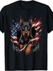 Unisex T-shirt Patriotic Art Style, Men'S And Women'S T-Shirt, Doberman Pinscher with American Flag Design, Casual