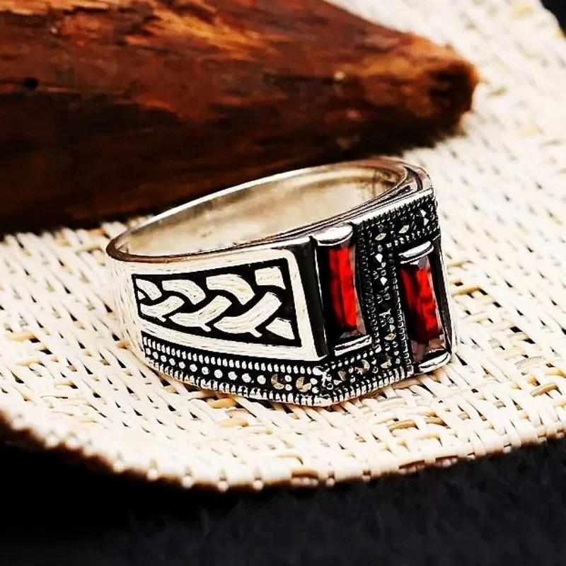 Retro Turkish Handmade Men Ring Vintage Carved Pattern Red Zircon Rings Rock Punk Islamic Muslim Wedding Jewelry