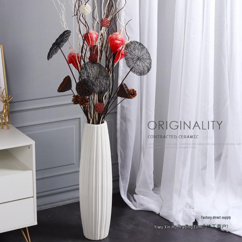 Nordic Minimalist Ceramic White Floor Vase for Dried Flowers and Lucky Bamboo, Living Room Decor