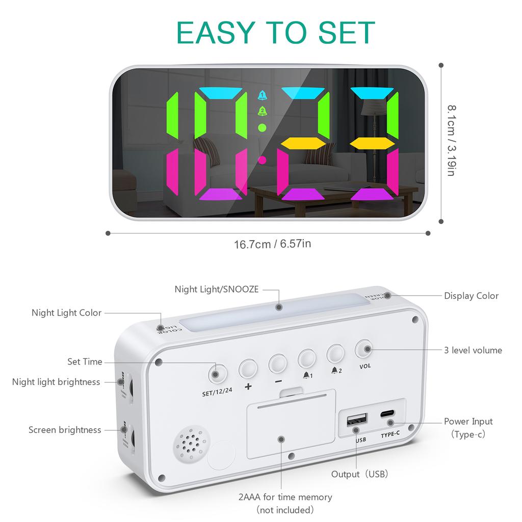 Digital Alarm Clock RGB LED Colorful Clocks Loud Alarm Clocks with Night Light for Home Office Best Gifts