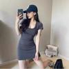 Pure Desire Style U-neck Low-cut T-shirt Hip Skirt Black Dress Women's Tight Sexy Short Skirt Slim and Thin Bottoming Skirt