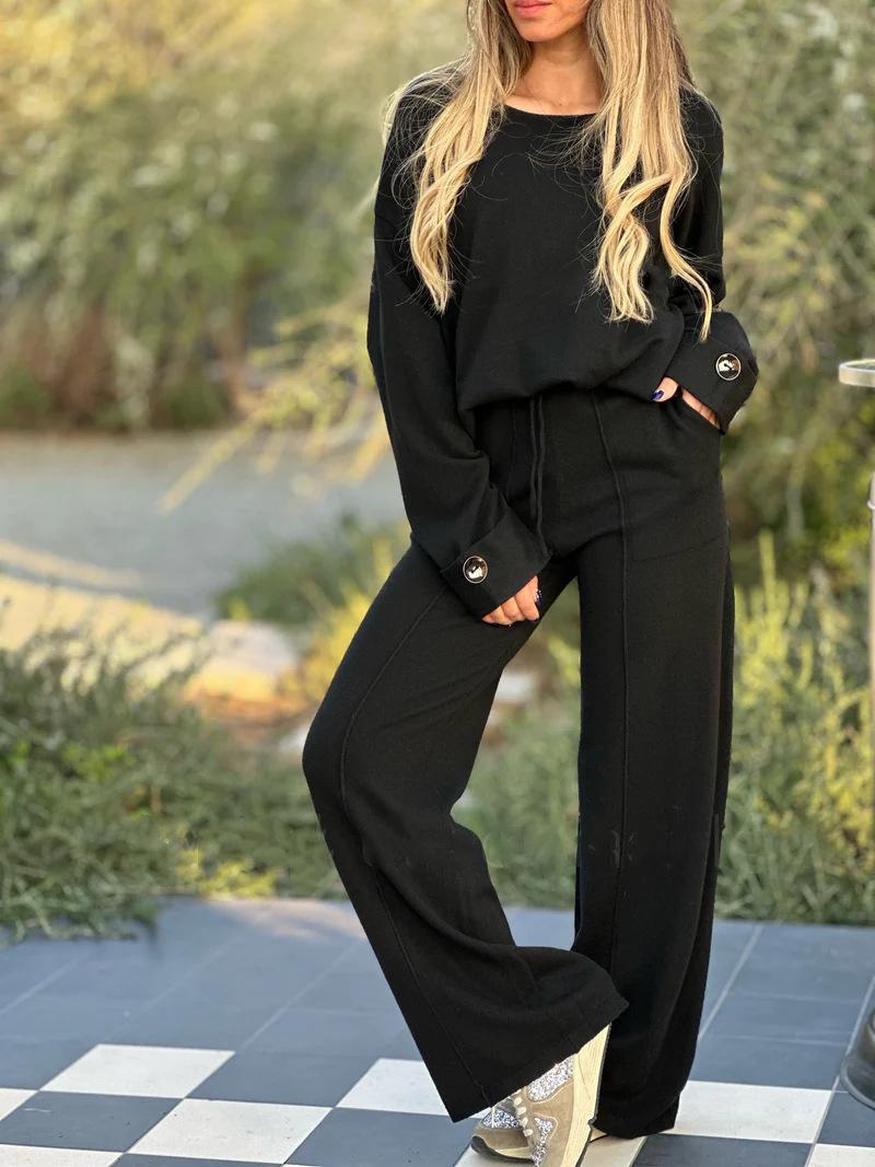 European Style Women Clothing Fashion Casual Set Solid Color Long Sleeve Wide Leg Pants Two Piece 2XL
