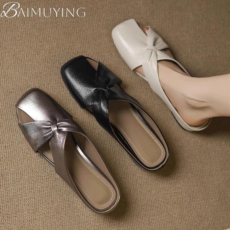 Fashion Mules Casual Shoes Woman Square Toe Slippers Women Heeled Sandals 2025 Trend Summer Elegant Dress Soft Leather Comfort Sandalias