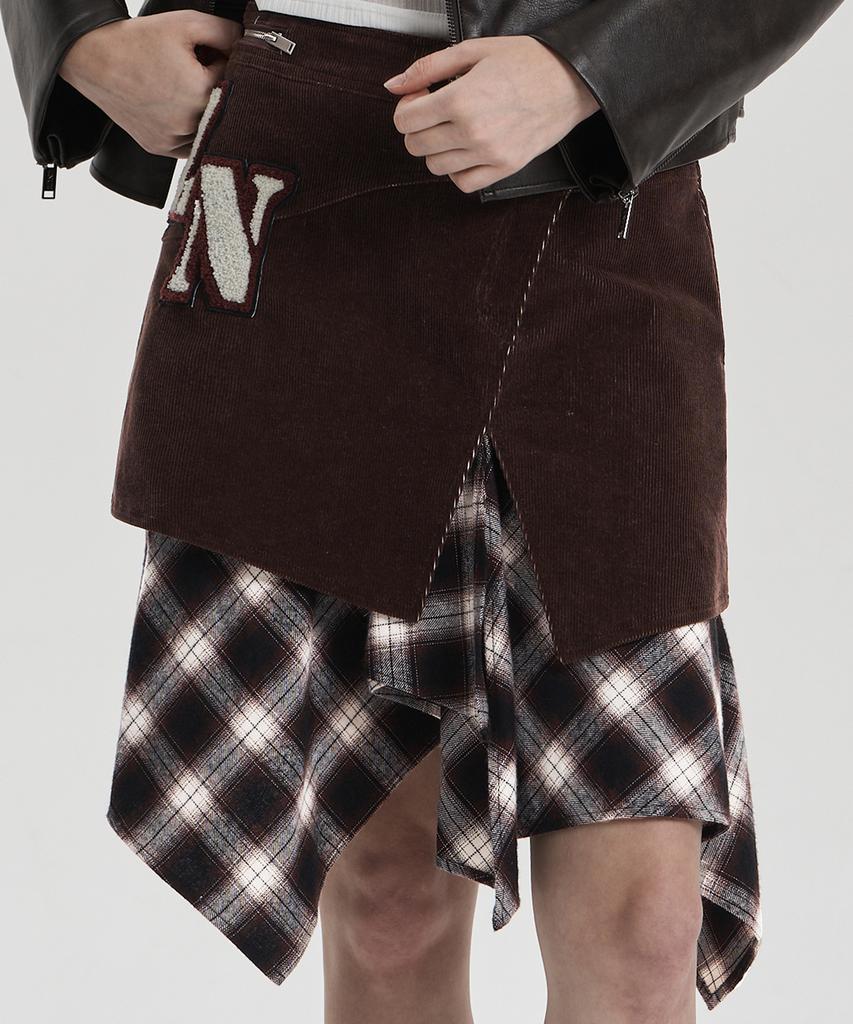Jenyujeu Layers Corduroy Check Skirt - Brown