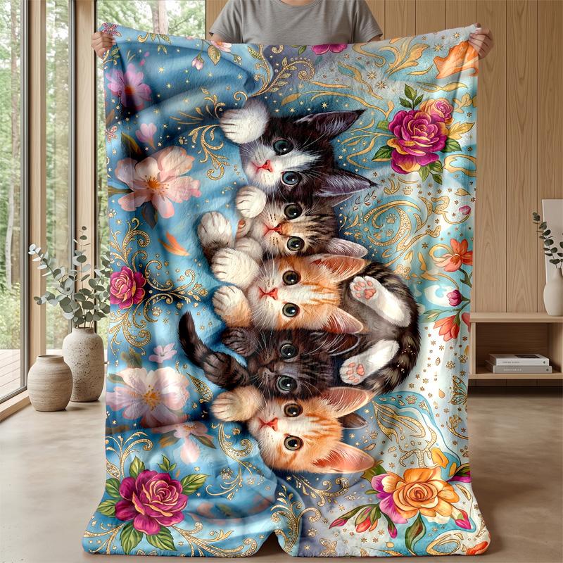 Floral Garden Cat Theme blanket Lightweight Warm Flannel Blanket Decorative Throw Blanket for Home Decoration