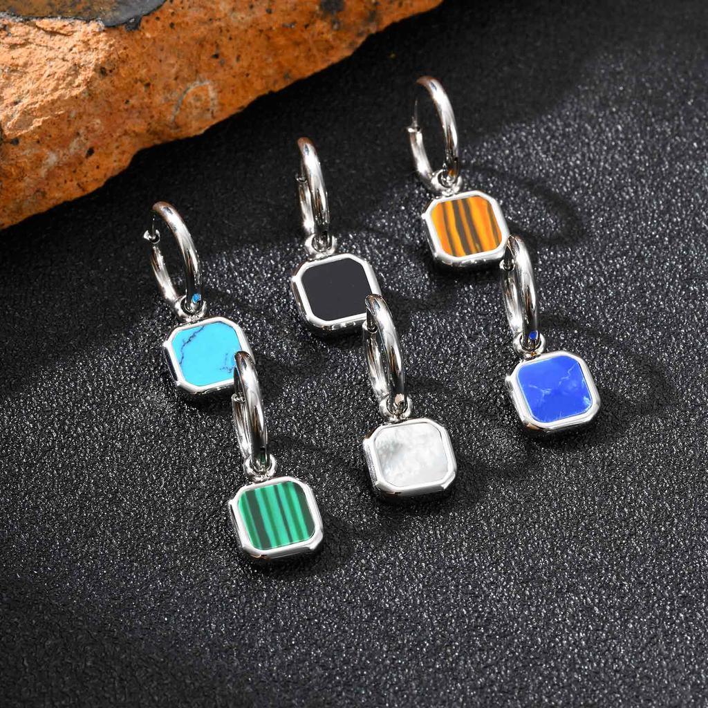 Trendy Geometric Tiger Eye Natural Stone Pendant Earrings for Men Boys, Blue Green Stone Stainless Steel Drop Earrings Jewelry