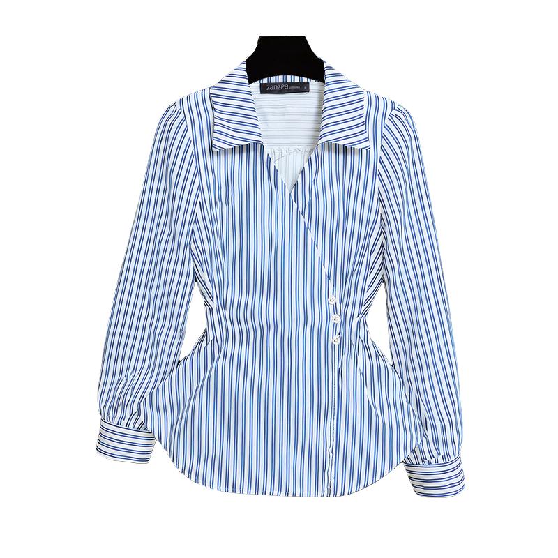 

ZANZEA Women Classic Collar Casual Long Sleeve Stripe Blouse 5XL синий