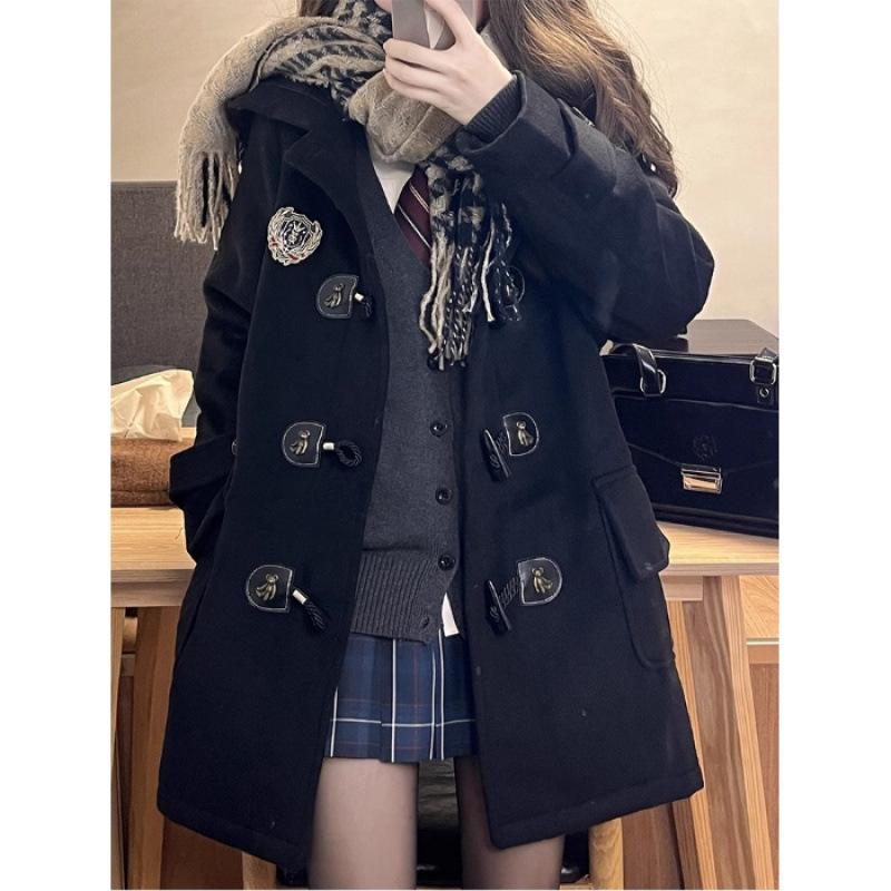 College Wind Horn Button Coat Coat Long Coat In Autumn and Winter Black Woolen Cloth